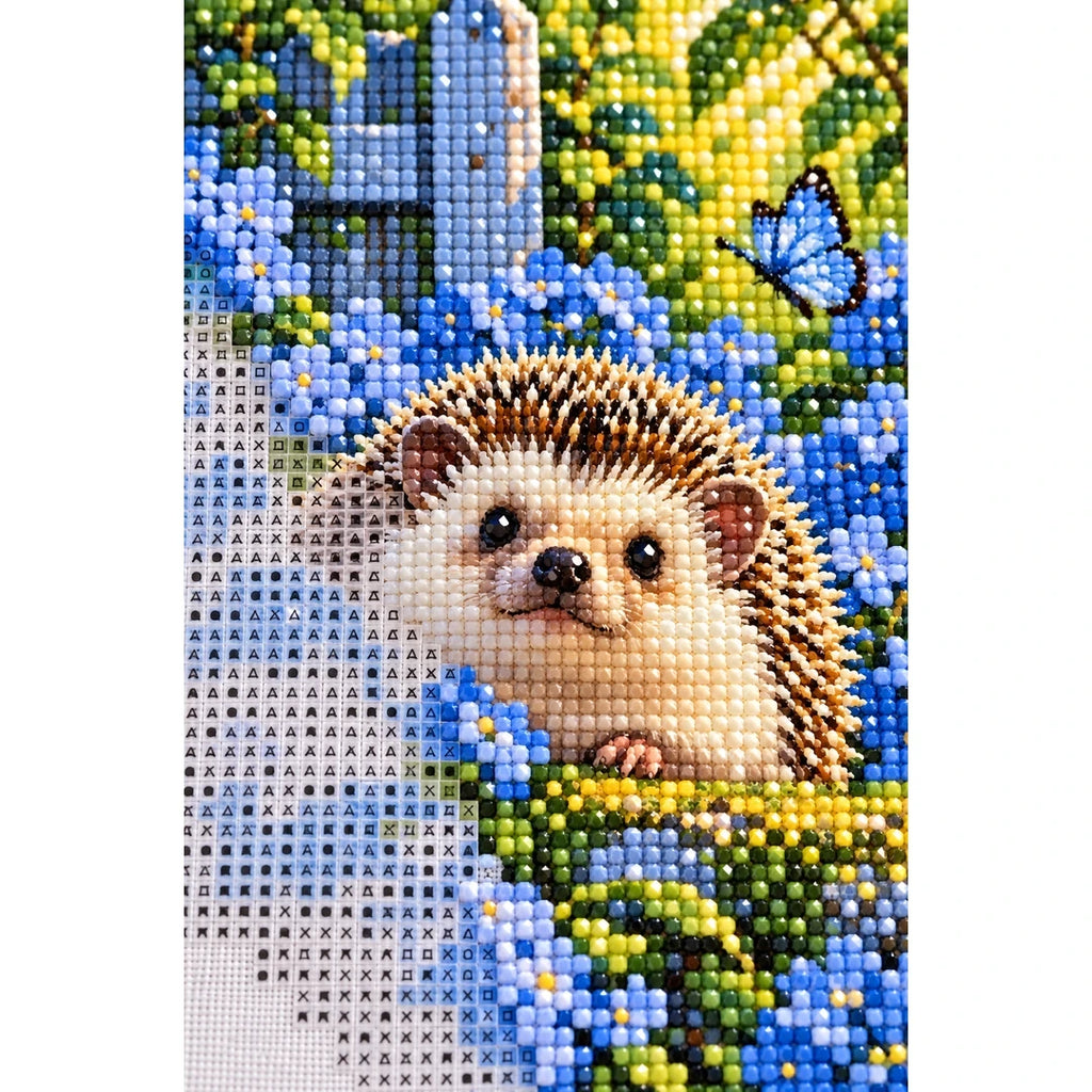 Hedgehog Blue Hydrangeas Diamond Painting Kit diamond and canvas detail