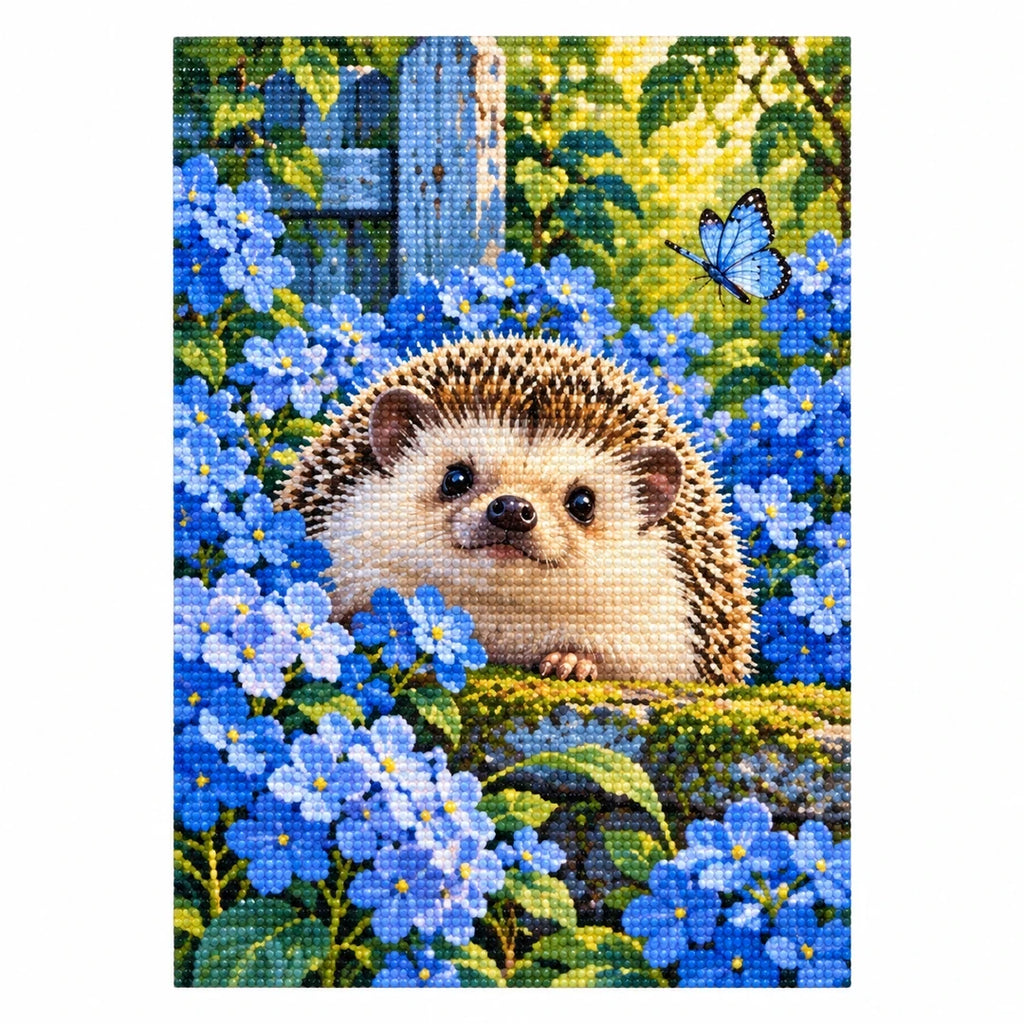 Hedgehog Blue Hydrangeas Diamond Painting Kit finished diamond artwork on white background