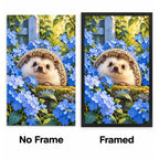 Hedgehog Blue Hydrangeas Diamond Painting Kit No Frame and Framed comparison