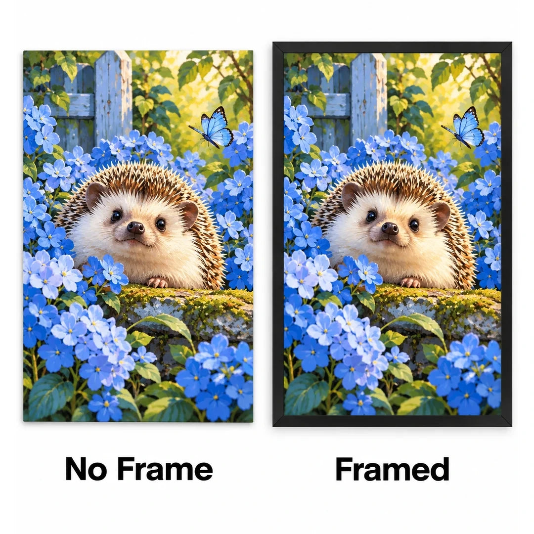 Hedgehog Blue Hydrangeas Diamond Painting Kit No Frame and Framed comparison