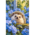 Hedgehog Blue Hydrangeas original artwork on white background