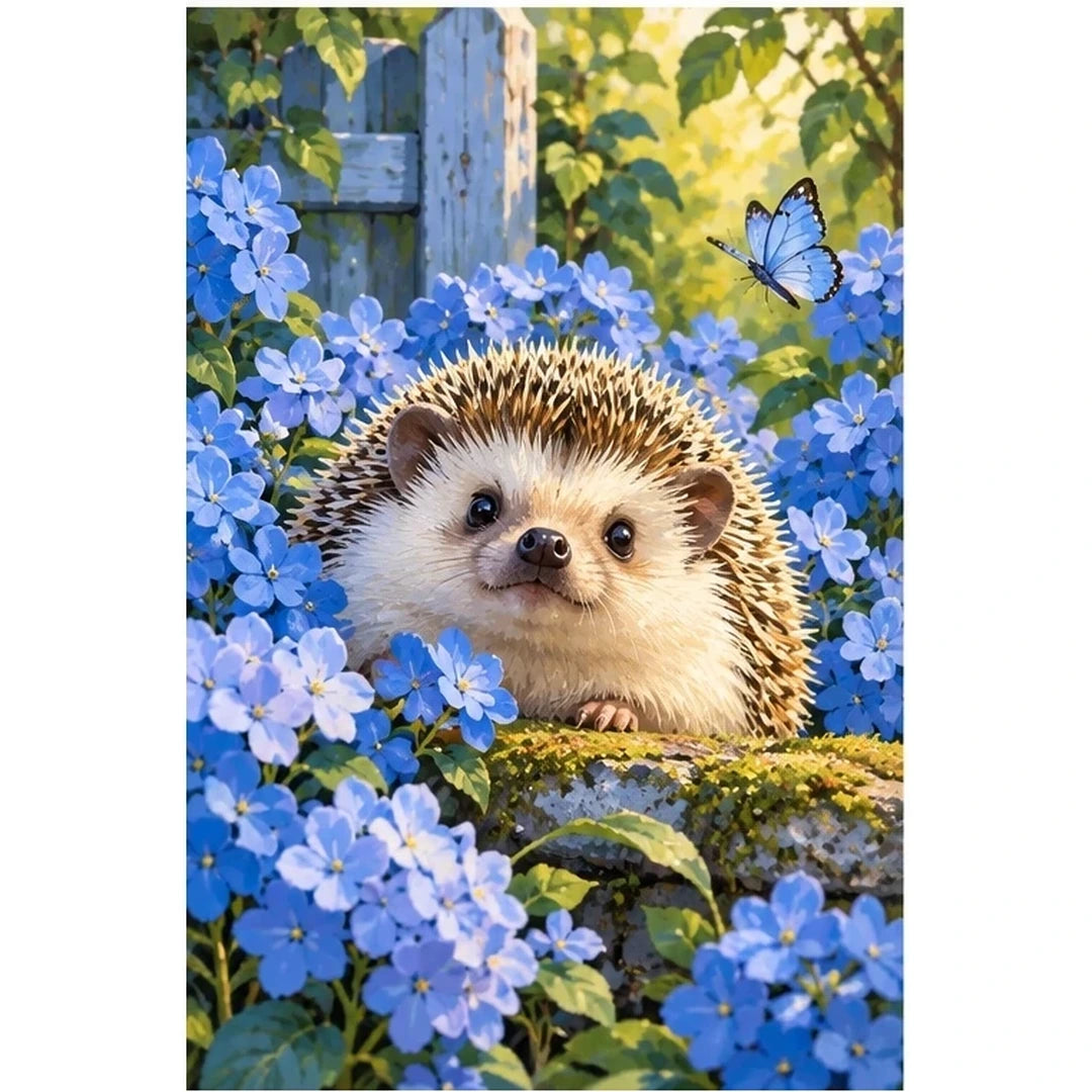 Hedgehog Blue Hydrangeas original artwork on white background