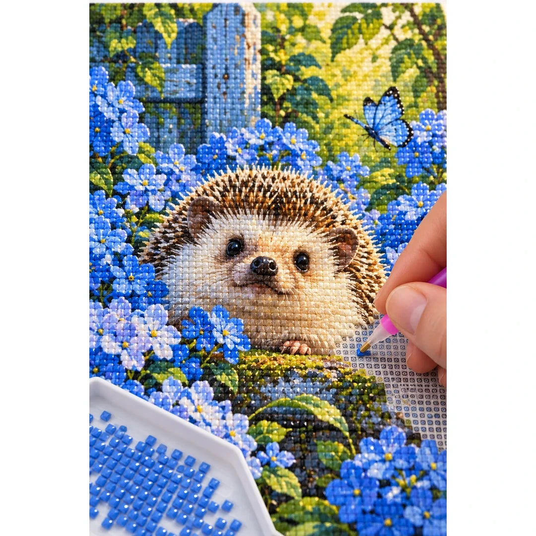 Hedgehog Blue Hydrangeas Diamond Painting Kit diamond placement process