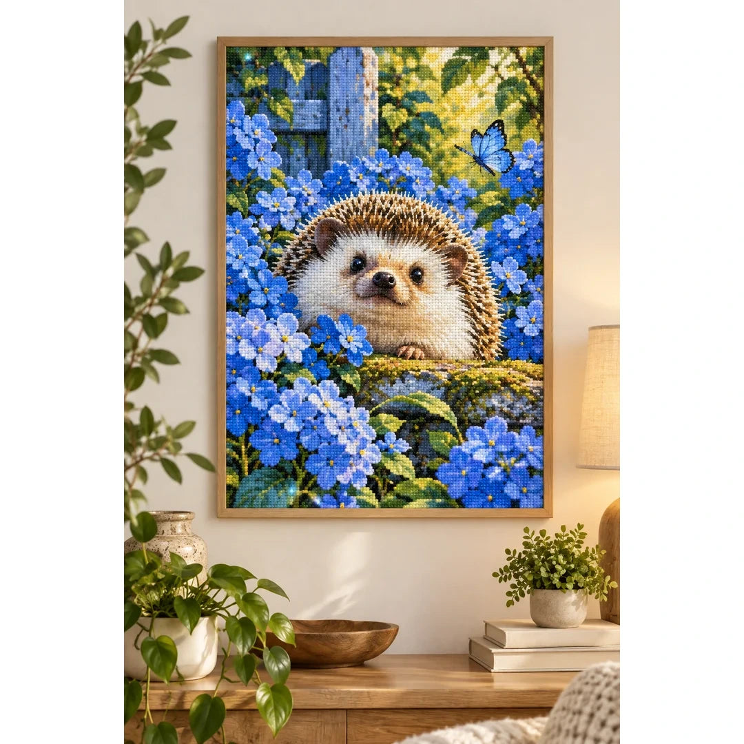 Hedgehog Blue Hydrangeas Diamond Painting Kit home decor scene