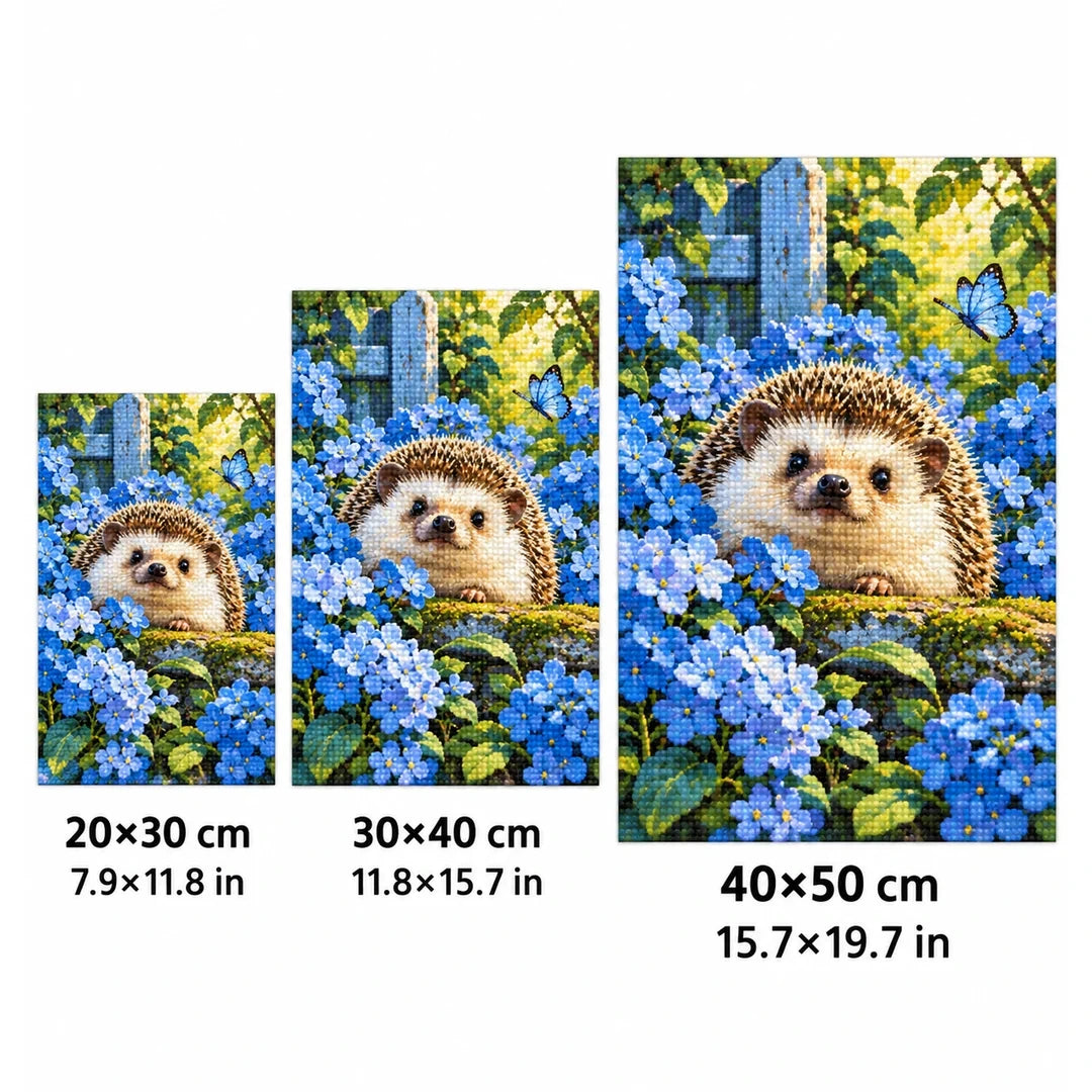 Hedgehog Blue Hydrangeas Diamond Painting Kit size guide