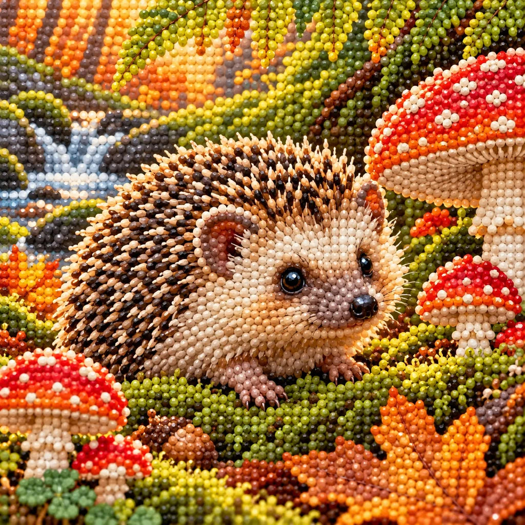 Hedgehog in an Autumn Mushroom Forest Diamond Painting Kit — Diamond and canvas detail