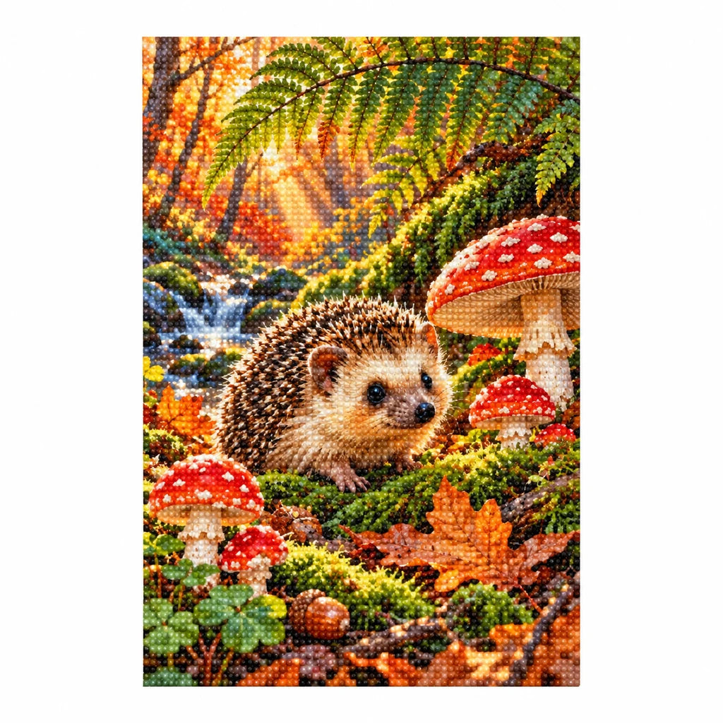 Hedgehog in an Autumn Mushroom Forest Diamond Painting Kit — Finished white-background diamond painting