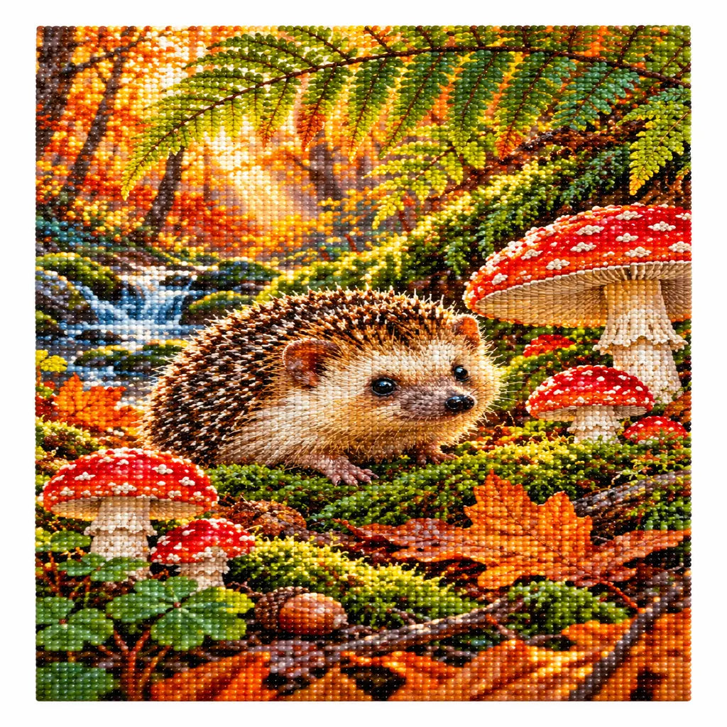 Hedgehog in an Autumn Mushroom Forest Diamond Painting Kit — Finished white-background diamond painting