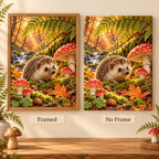Hedgehog in an Autumn Mushroom Forest Diamond Painting Kit — Framed and no-frame comparison