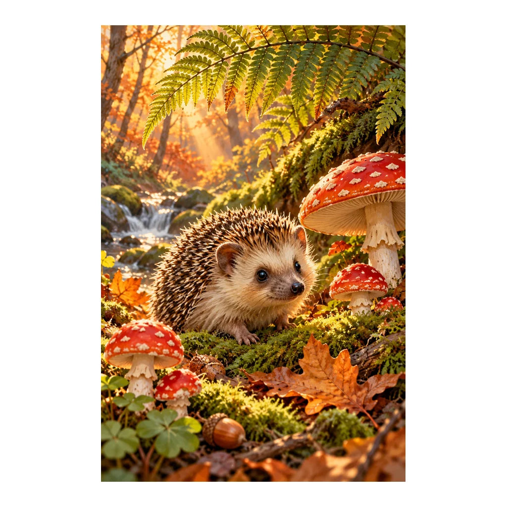 Hedgehog in an Autumn Mushroom Forest Diamond Painting Kit — Original white-background artwork