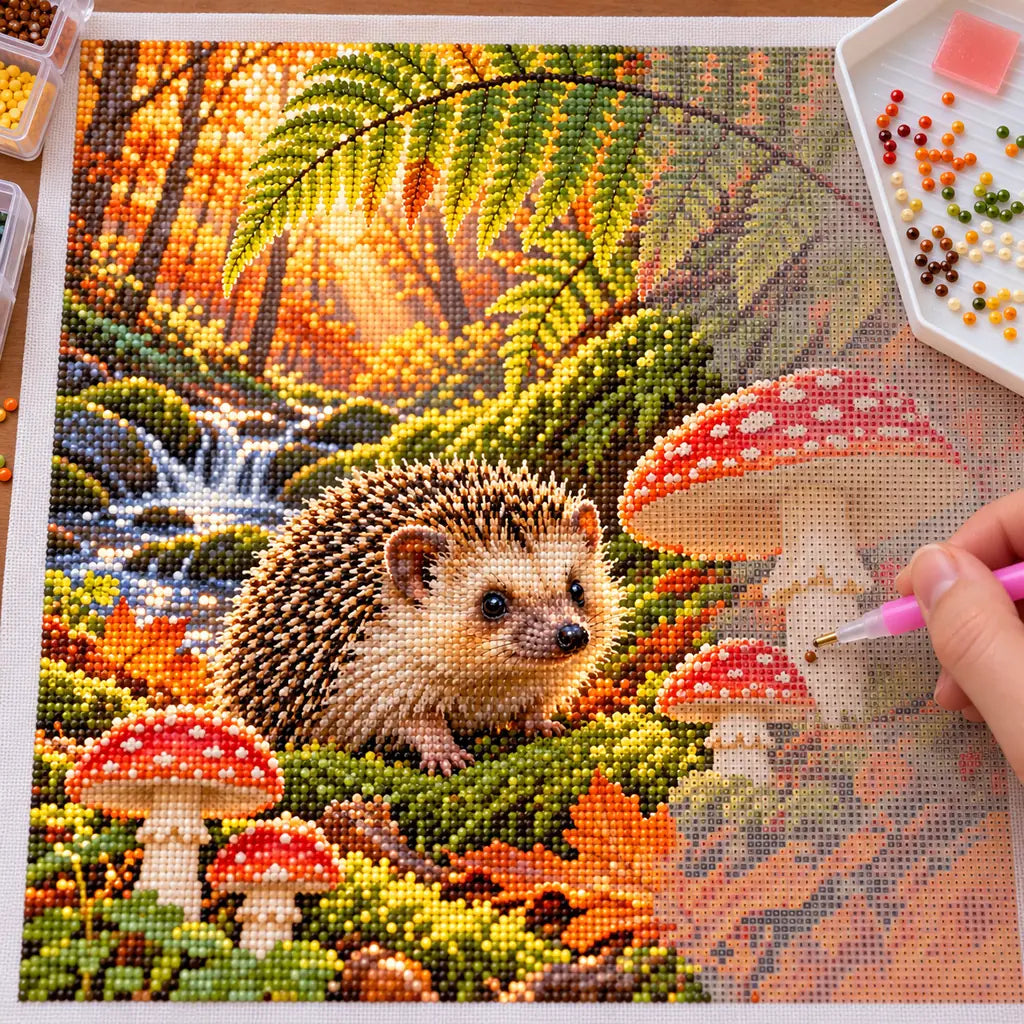 Hedgehog in an Autumn Mushroom Forest Diamond Painting Kit — Diamond painting process