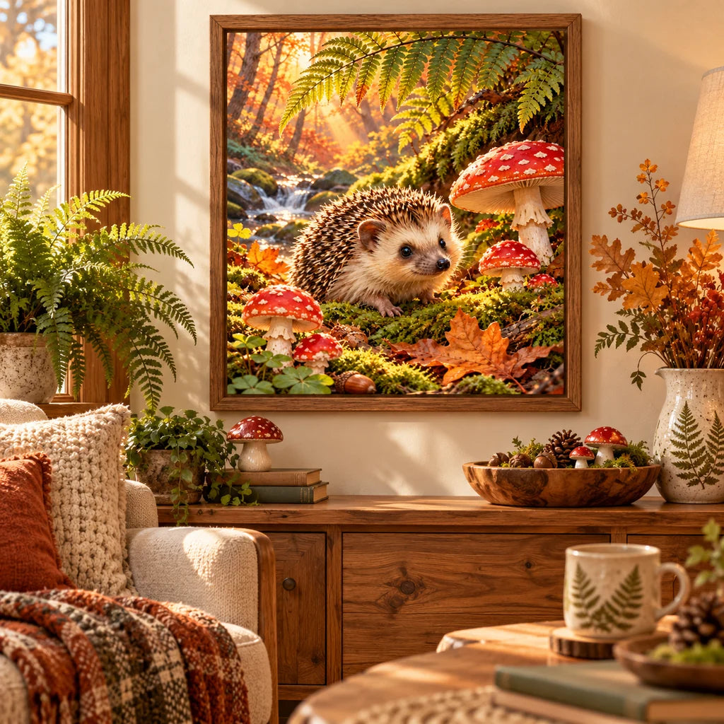 Hedgehog in an Autumn Mushroom Forest Diamond Painting Kit — Home decor scene