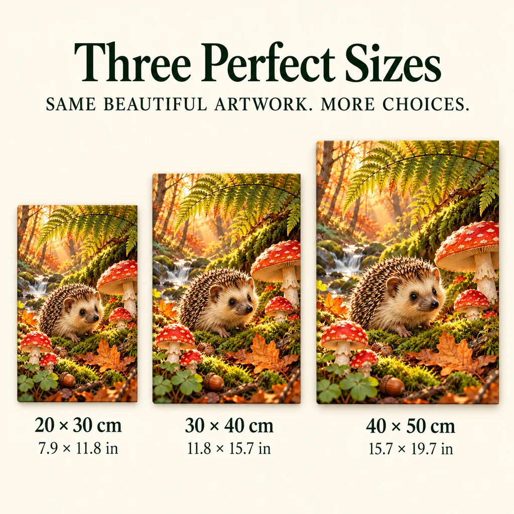 Hedgehog in an Autumn Mushroom Forest Diamond Painting Kit — Size guide