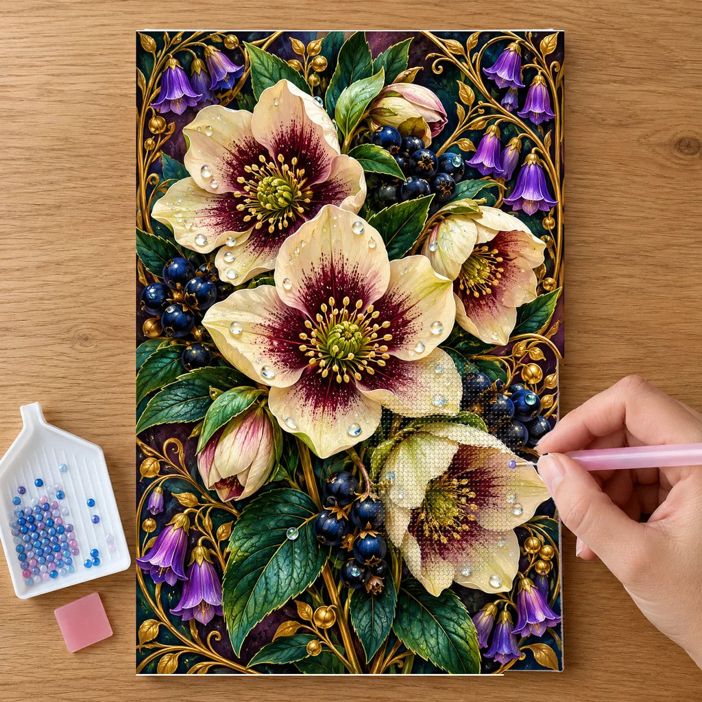 Hands placing drills on the Hellebore Berry Vine diamond painting canvas
