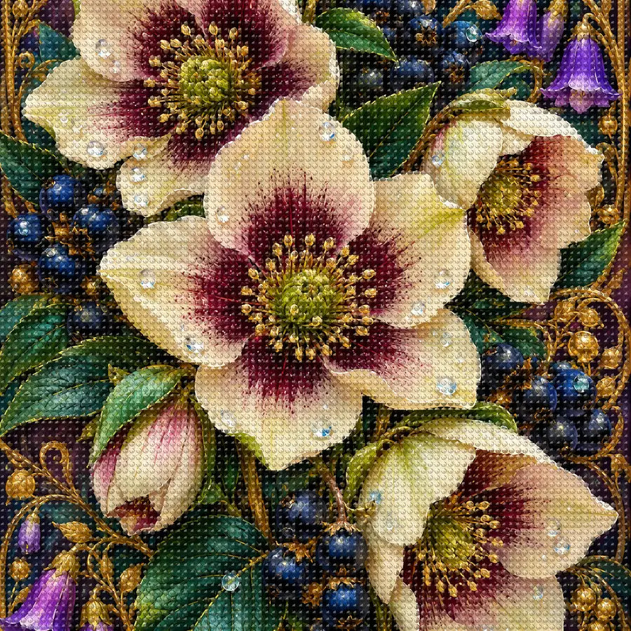 Close-up of sparkling drills on the Hellebore Berry Vine design