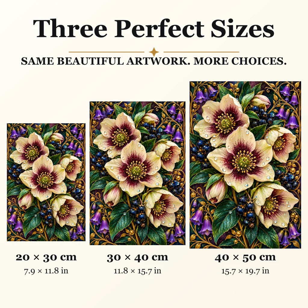Hellebore Berry Vine diamond painting in 20 by 30, 30 by 40, and 40 by 50 centimeter sizes