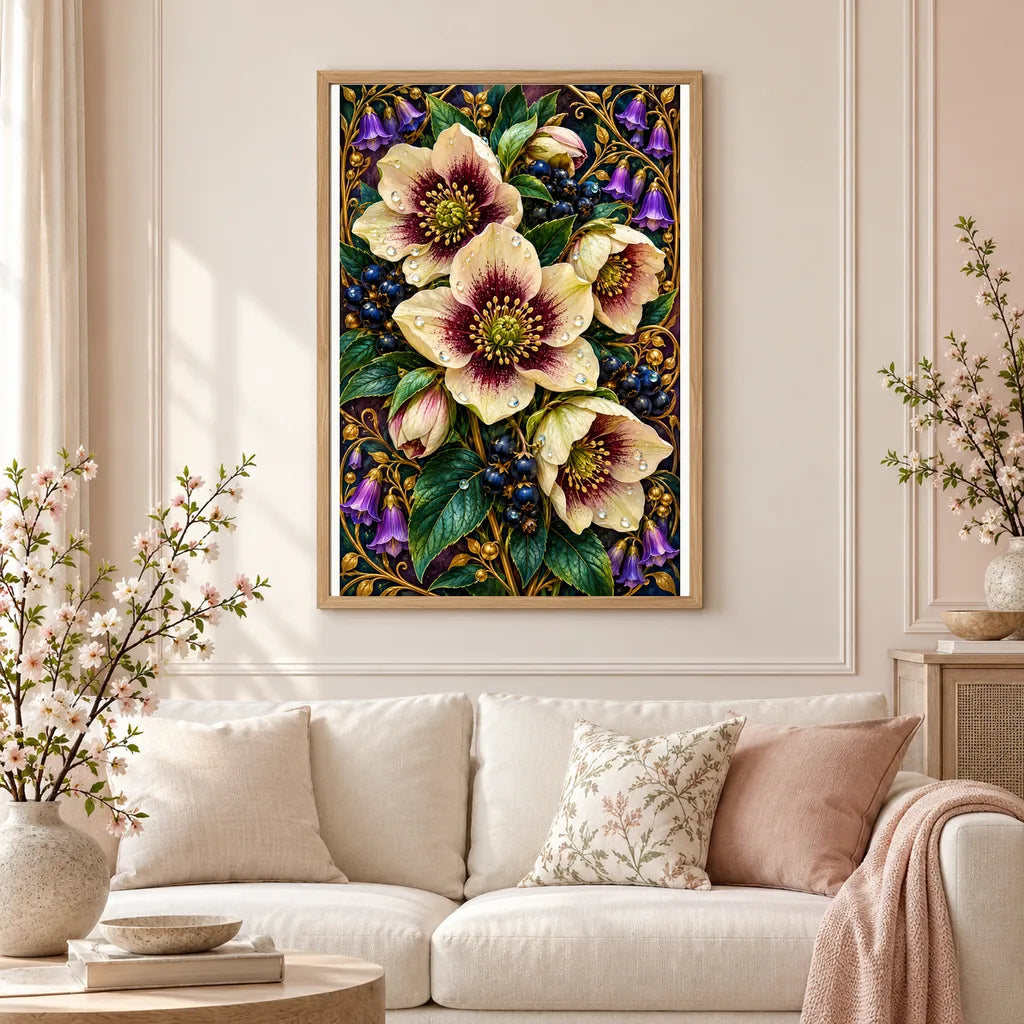 Framed Hellebore Berry Vine diamond painting displayed in a home interior