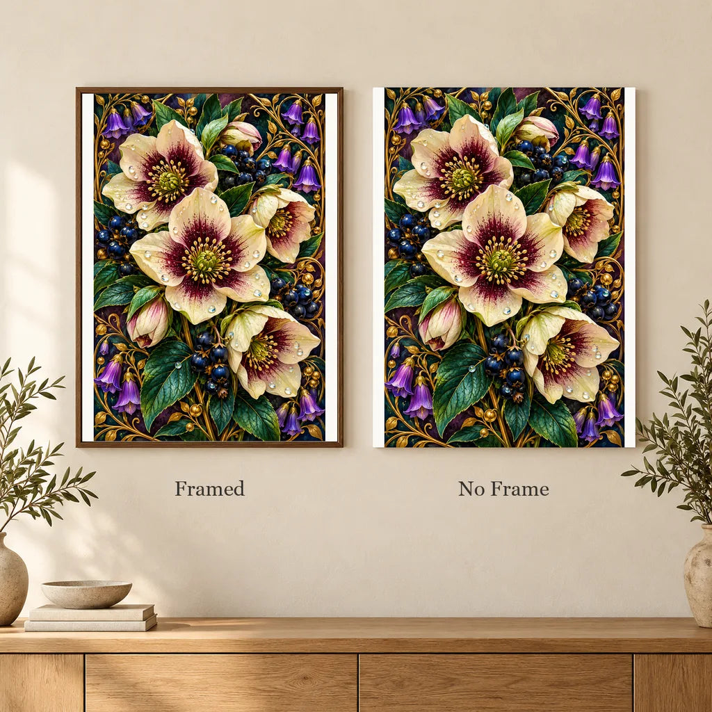 Framed and no-frame options for the Hellebore Berry Vine diamond painting