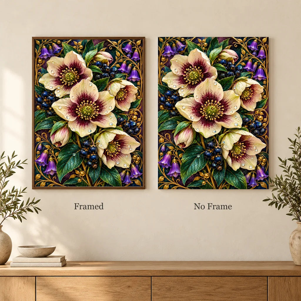 Framed and no-frame options for the Hellebore Berry Vine diamond painting