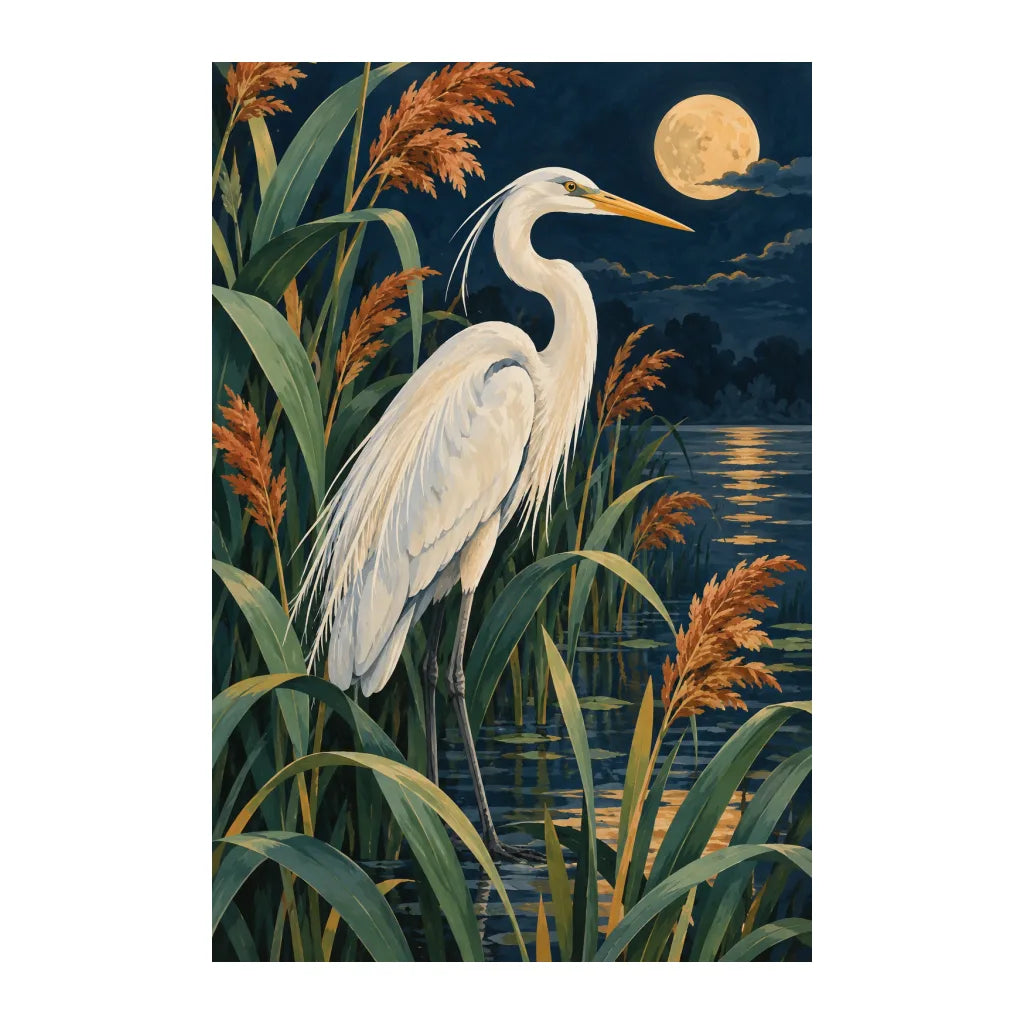 White-background original artwork of heron among reeds