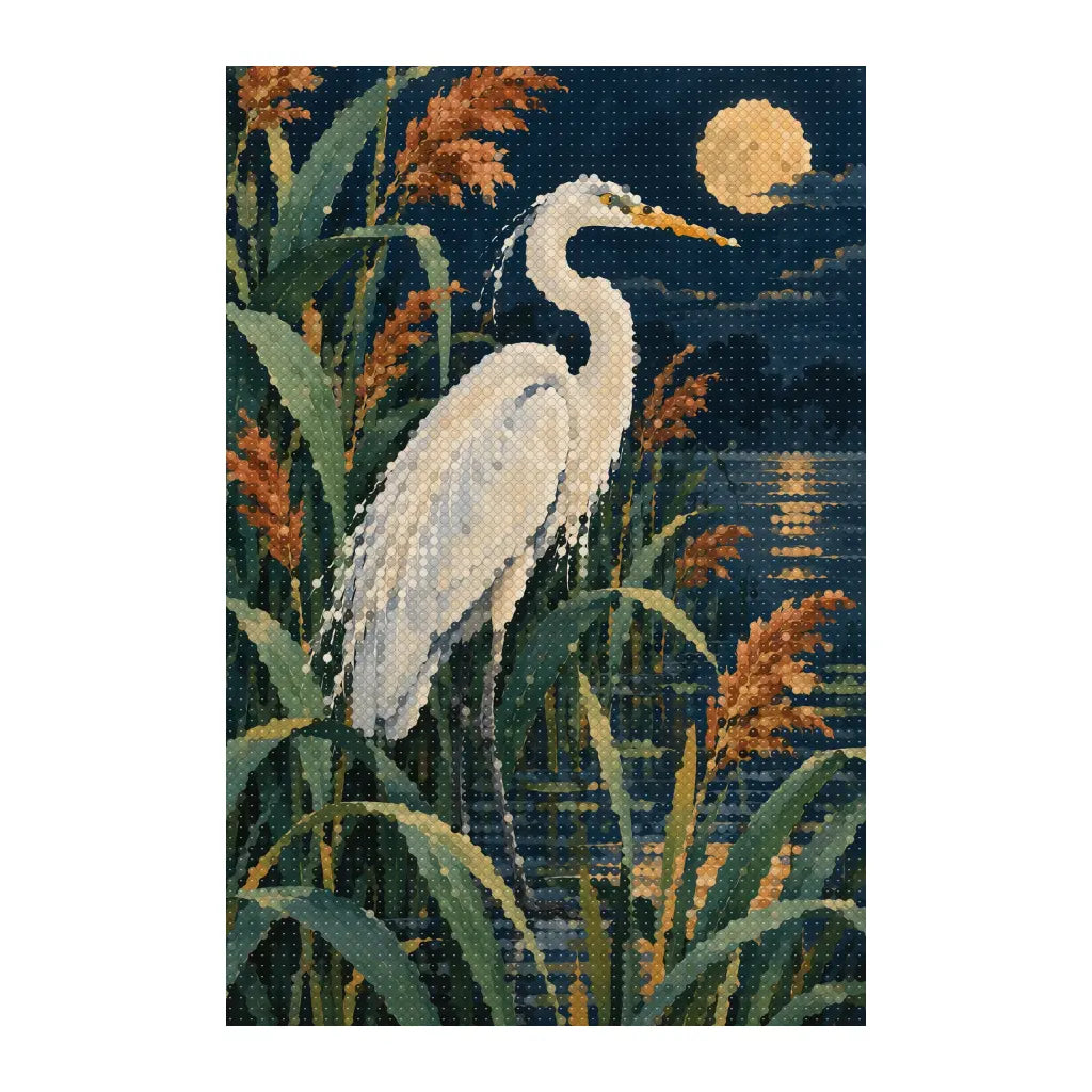 White-background finished diamond painting of heron among reeds