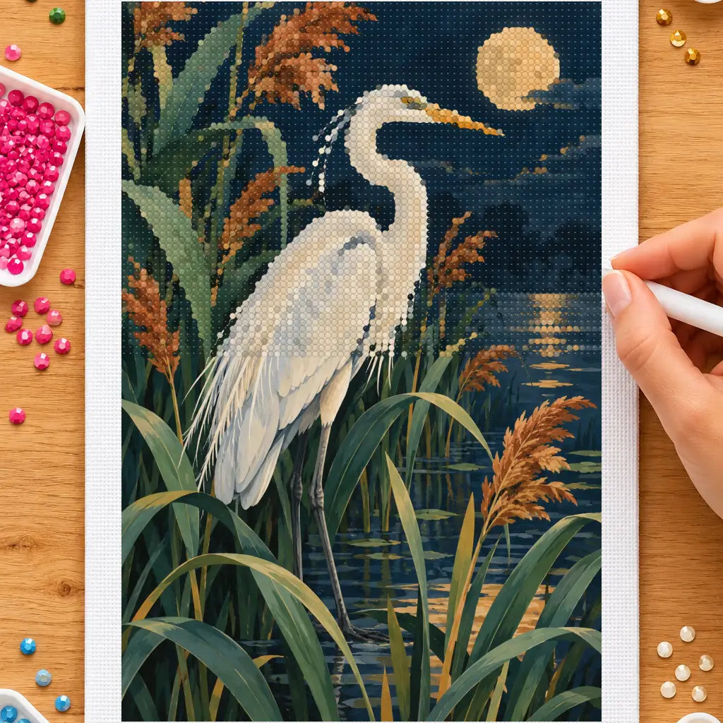 Hands placing drills on the heron among reeds diamond painting canvas
