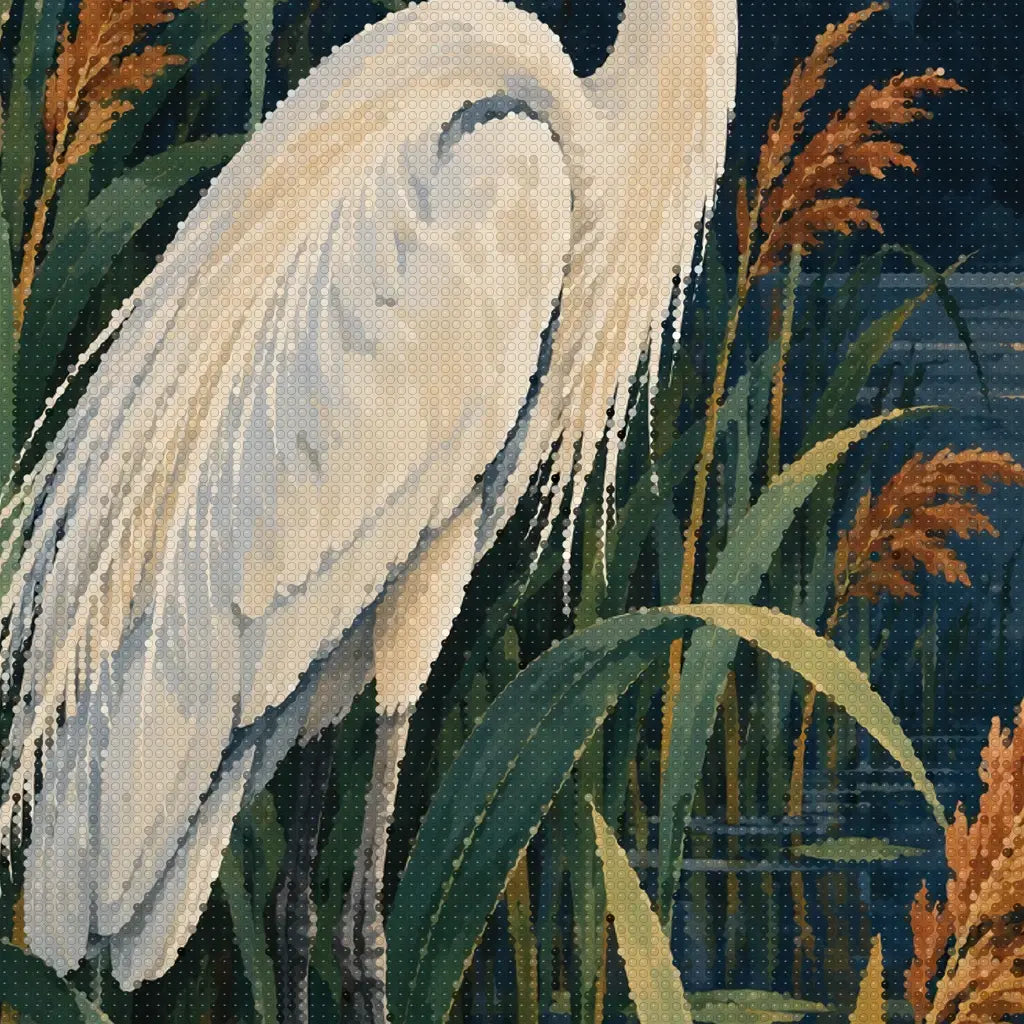 Close-up diamond detail of the heron among reeds diamond painting