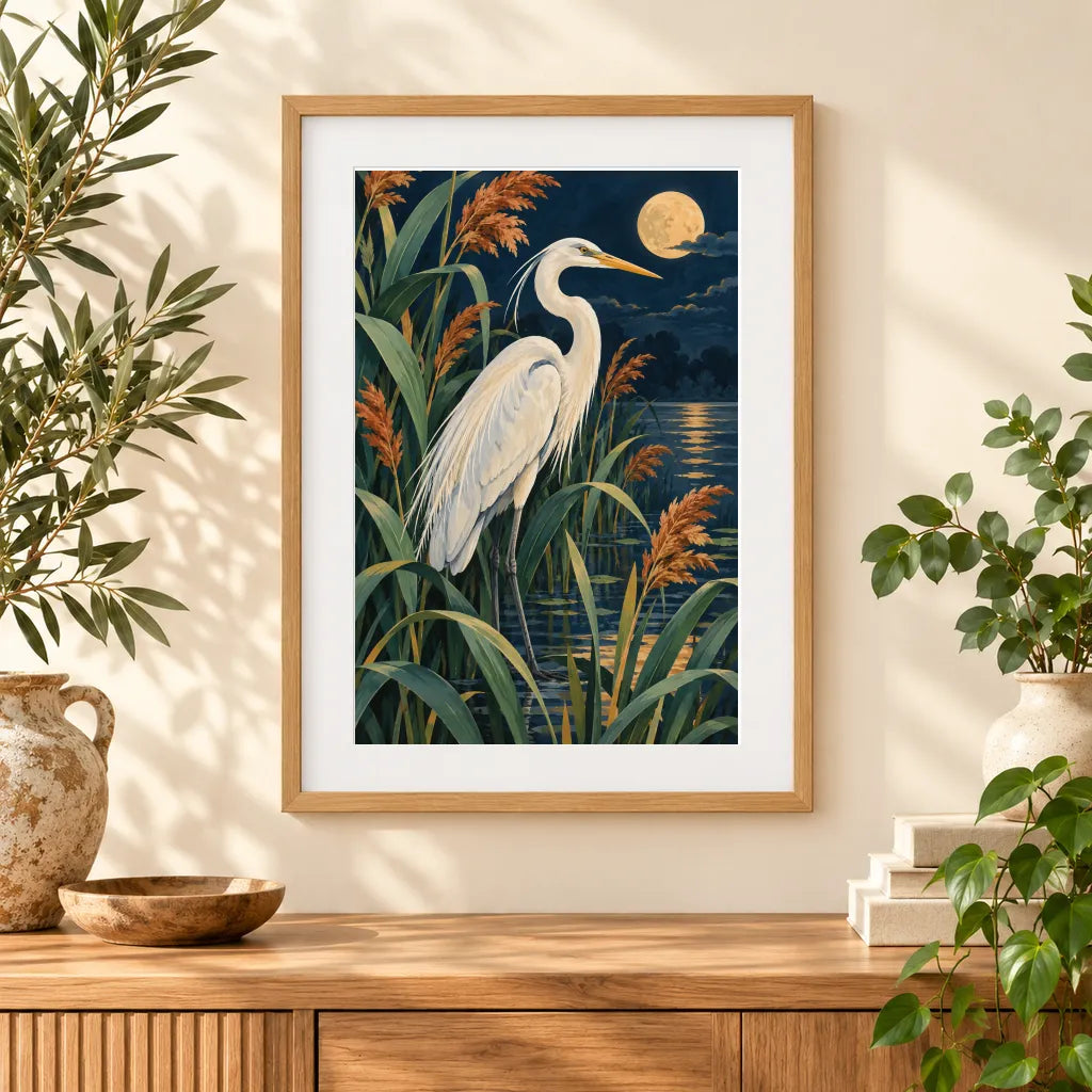 Framed home display of the heron among reeds diamond painting