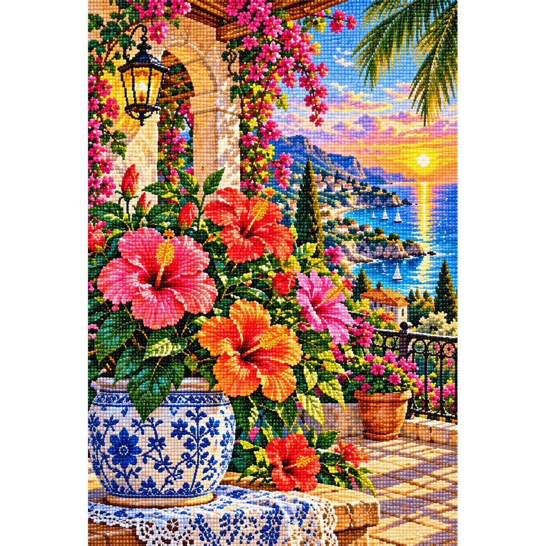 Hibiscus Tropical Veranda — finished diamond painting on a white background