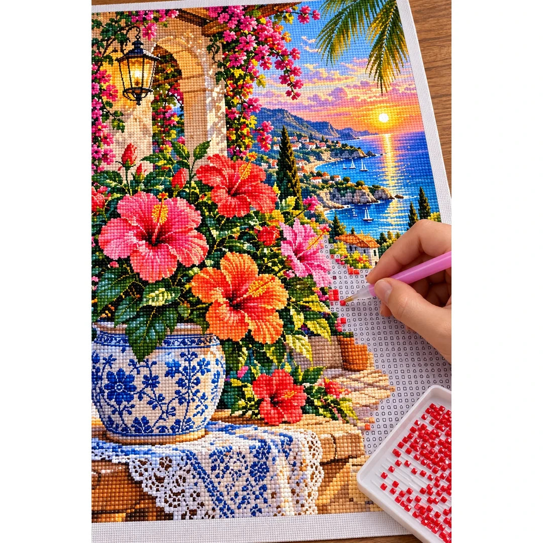 Hibiscus Tropical Veranda — diamond painting process with applicator pen