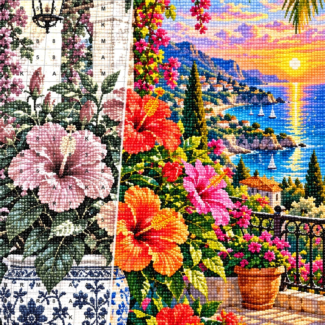 Hibiscus Tropical Veranda — close-up canvas and resin drill detail
