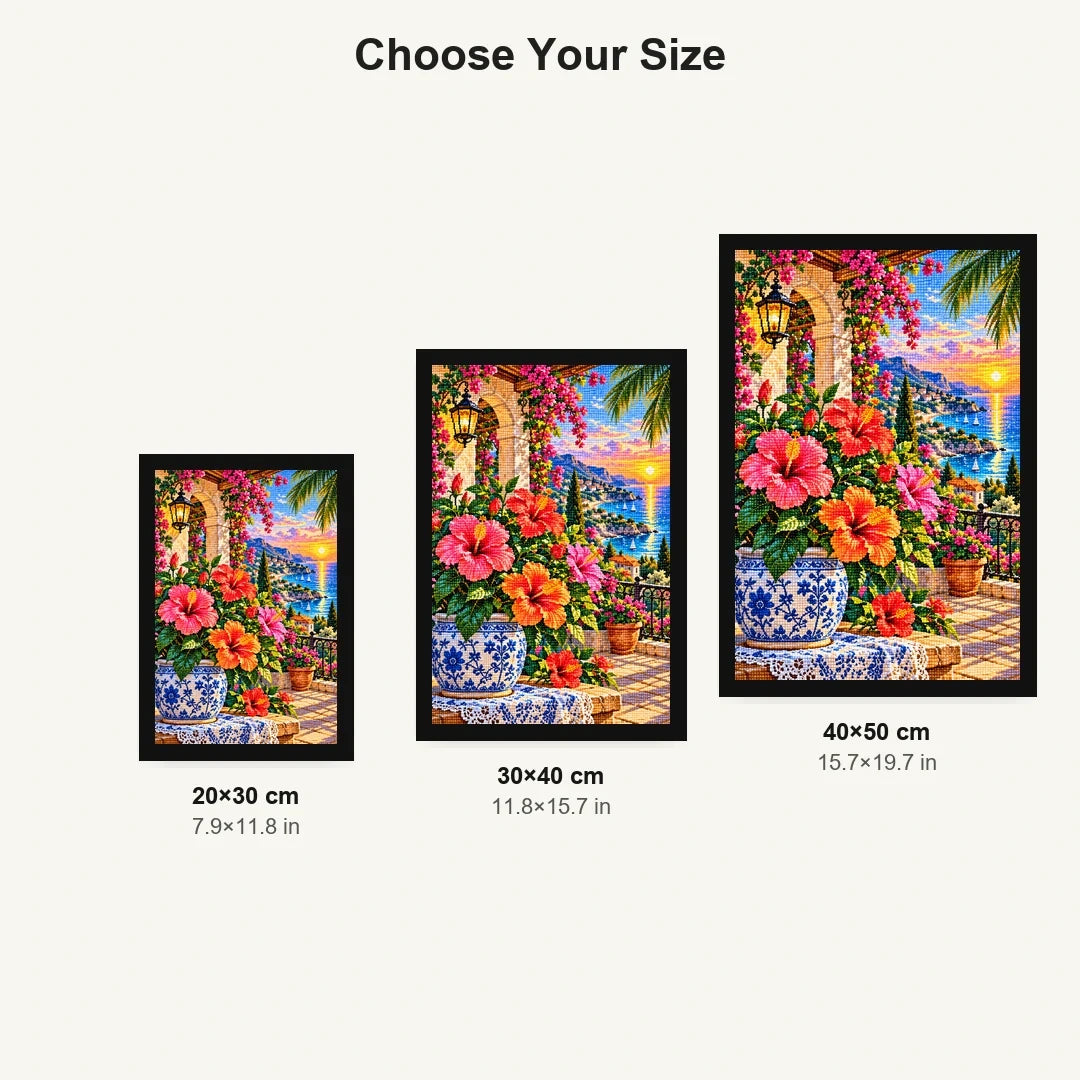Hibiscus Tropical Veranda — size comparison for 20 × 30, 30 × 40 and 40 × 50 cm