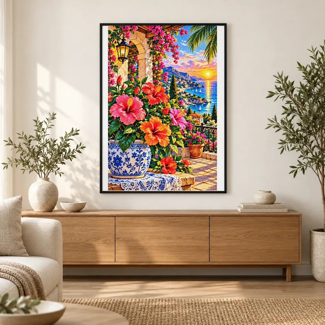 Hibiscus Tropical Veranda — finished diamond painting displayed in a home interior