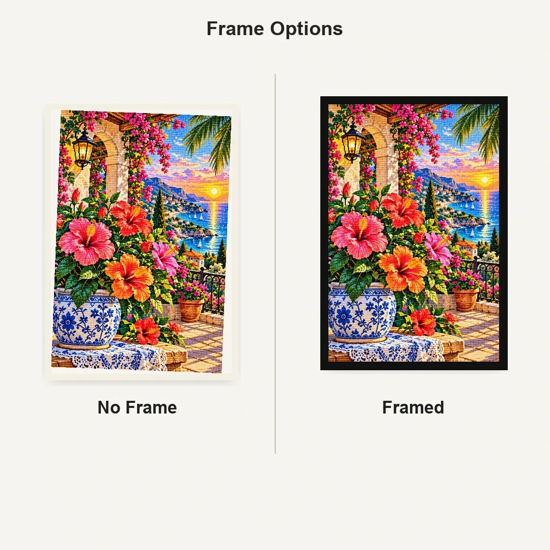 Hibiscus Tropical Veranda — No Frame and Framed style comparison