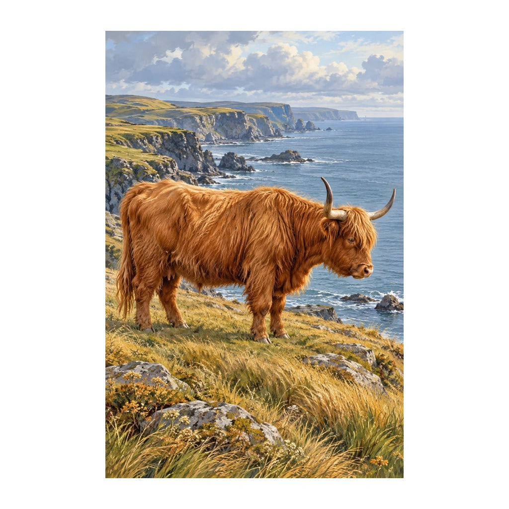 Original white-background artwork of Highland Cow Coastal Profile