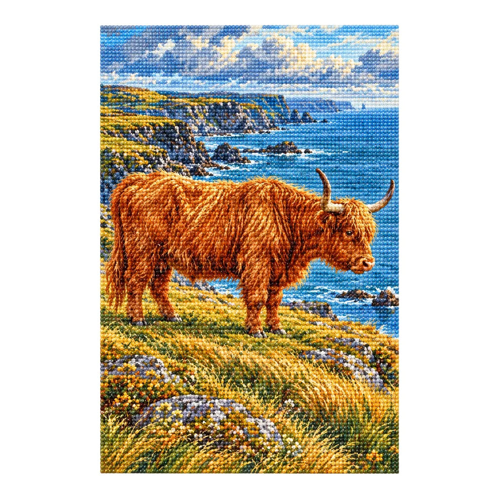 Finished white-background diamond painting of Highland Cow Coastal Profile