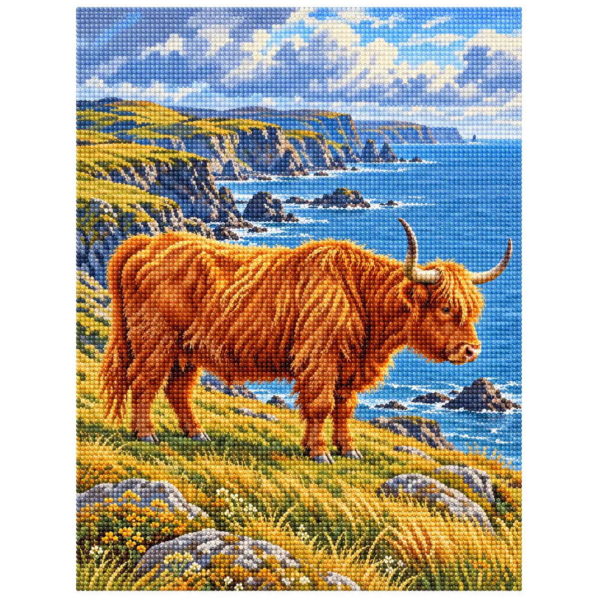 Finished white-background diamond painting of Highland Cow Coastal Profile