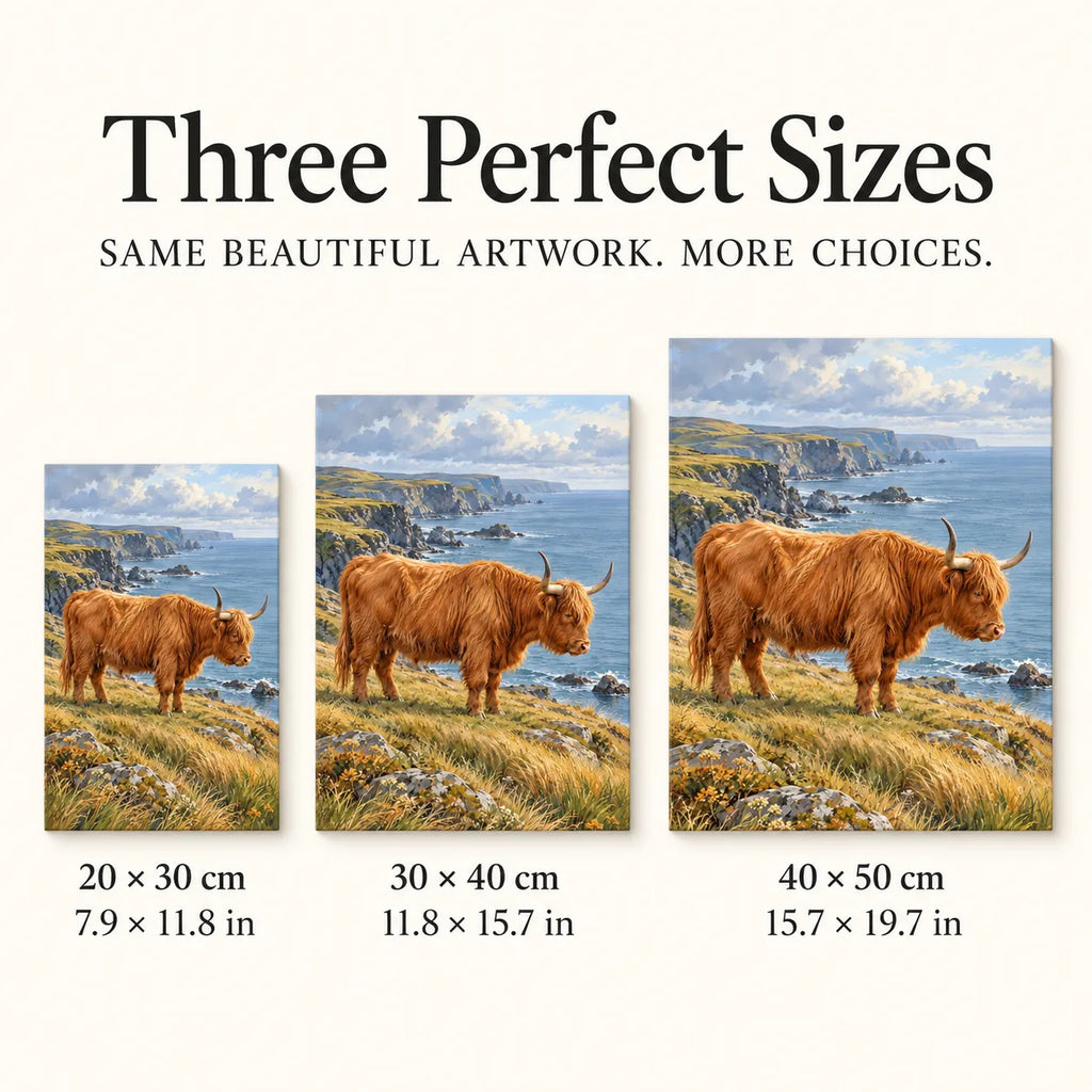 Highland Cow Coastal Profile diamond painting in 20 by 30, 30 by 40, and 40 by 50 centimeter sizes