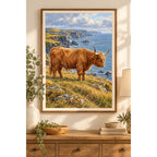 Framed Highland Cow Coastal Profile diamond painting displayed in a home interior