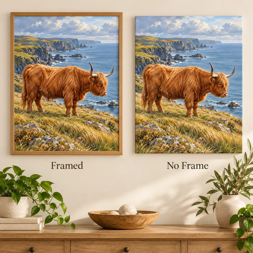 Framed and no-frame options for the Highland Cow Coastal Profile diamond painting