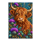 Original white-background artwork of Highland Cow Thistle Crown
