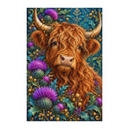 Finished white-background diamond painting of Highland Cow Thistle Crown