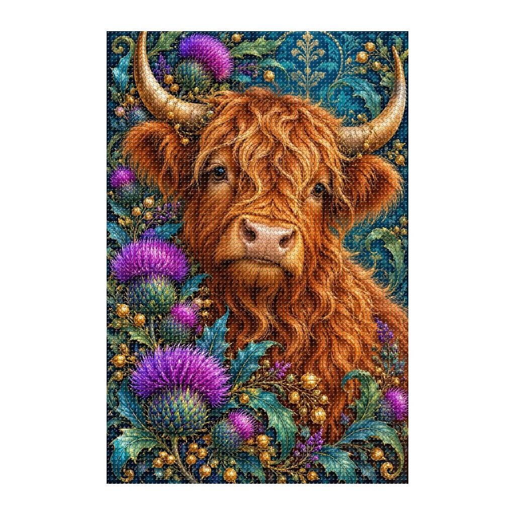 Finished white-background diamond painting of Highland Cow Thistle Crown