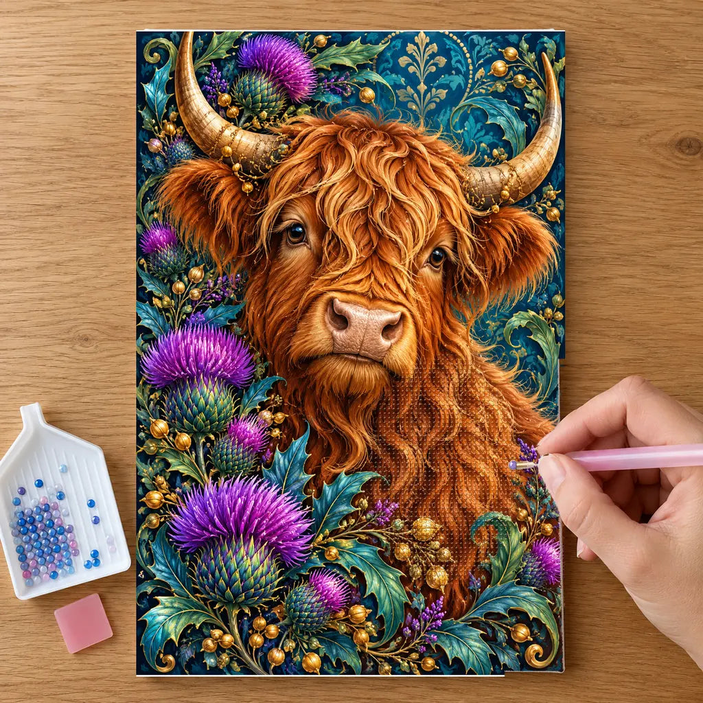 Hands placing drills on the Highland Cow Thistle Crown diamond painting canvas