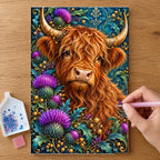 Hands placing drills on the Highland Cow Thistle Crown diamond painting canvas