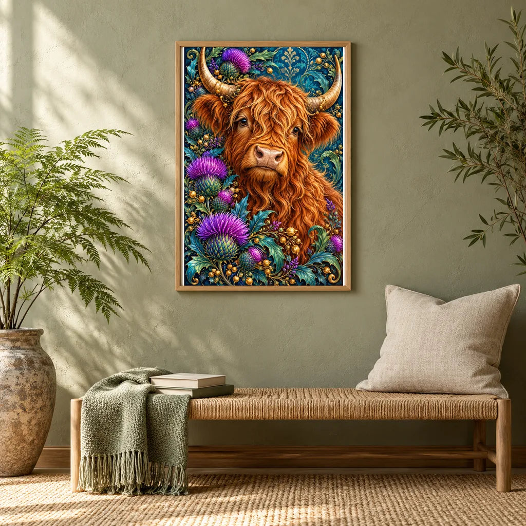 Framed Highland Cow Thistle Crown diamond painting displayed in a home interior