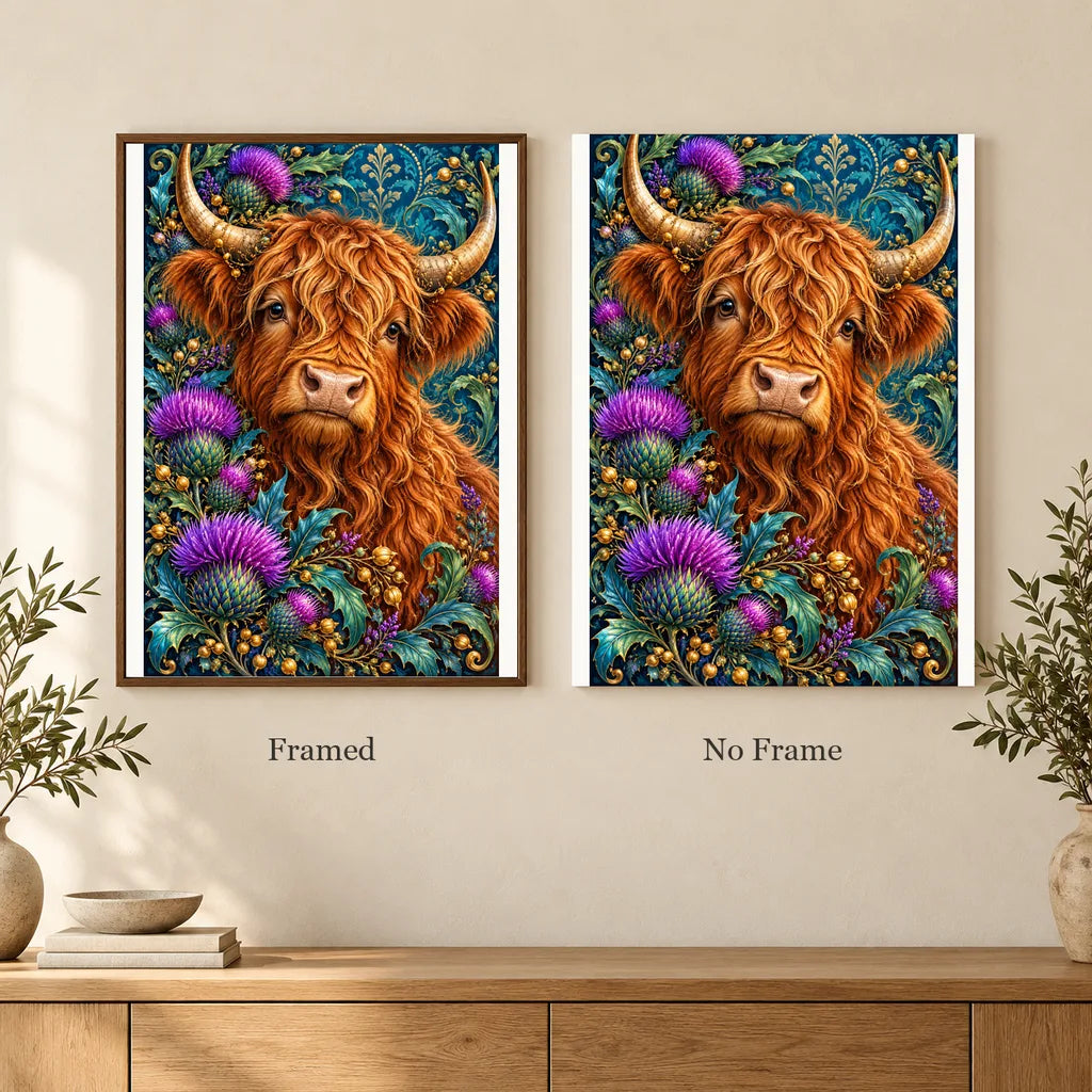 Framed and no-frame options for the Highland Cow Thistle Crown diamond painting