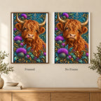 Framed and no-frame options for the Highland Cow Thistle Crown diamond painting
