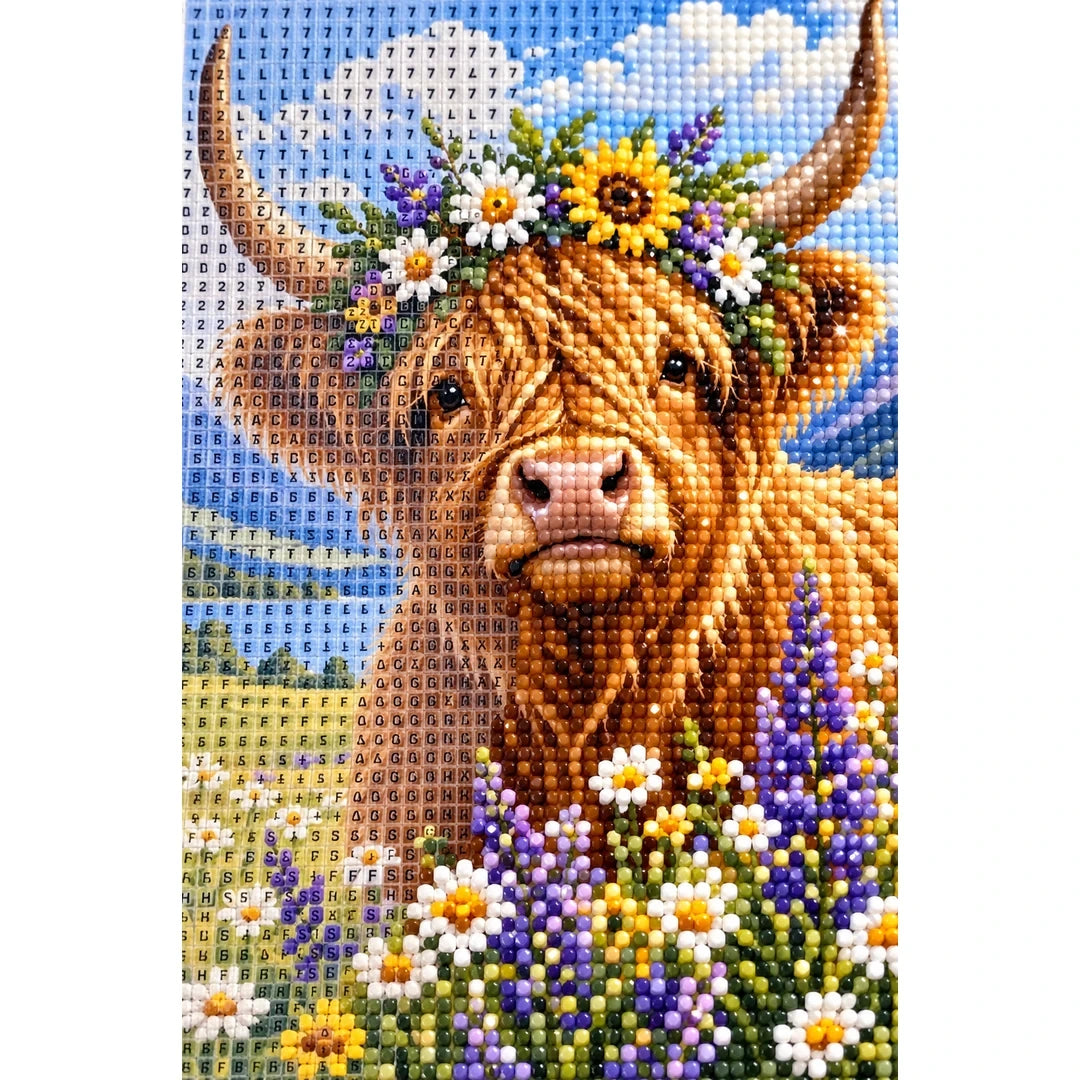 Highland Cow Wildflowers Diamond Painting Kit diamond and canvas detail