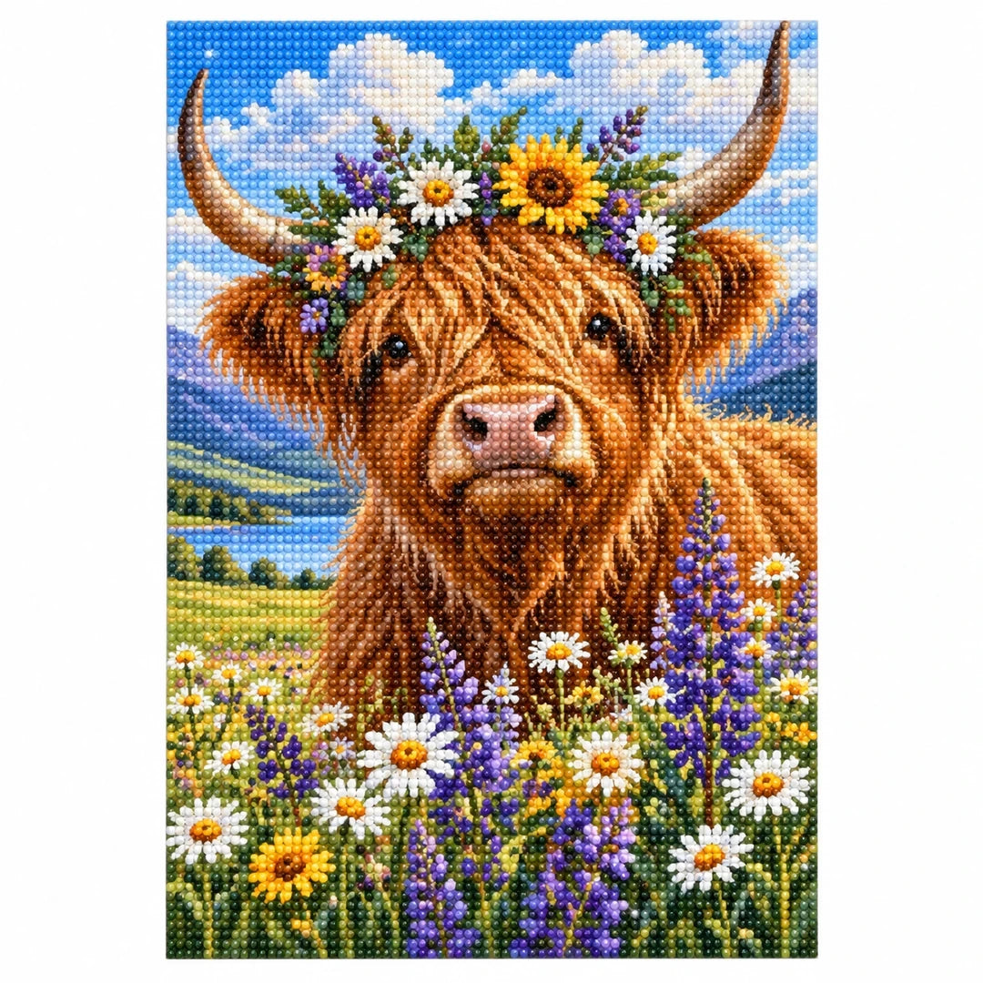 Highland Cow Wildflowers Diamond Painting Kit finished diamond artwork on white background